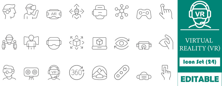 Modern virtual reality icon set featuring VR headsets, AR glasses, 360-degree experiences, gaming controllers, and immersive interaction concepts. Perfect for apps and tech brands. - Powered by Adobe