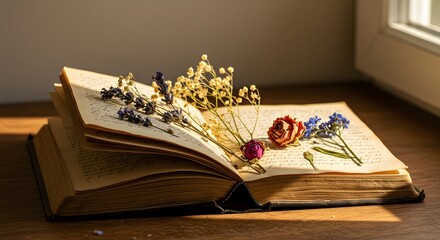 A vintage book displays dried flowers on its aged pages, lit by a soft, warm sunbeam.
