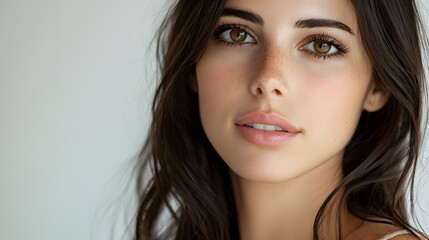 Obraz premium Serene Portrait of a Woman: Captivating portrait of a woman with striking brown eyes. The soft light and natural tones highlight her beauty and inner peace.