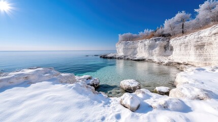 Snowy winter beach with crystal-clear water and white cliffs