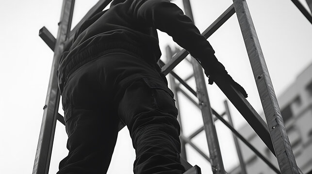 Construction Worker Ascending Scaffolding