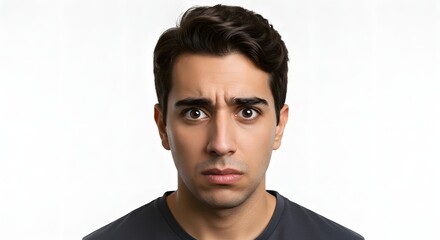 A young man with a look of concern, isolated against a clean white backdrop, expresses worry.
