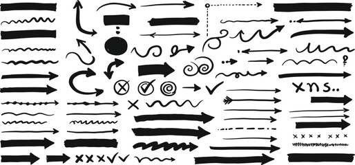 Hand drawn doodle frame, circle, arrow, check marks, and line vector set for creative designs, presentation, highlight, and decoration.