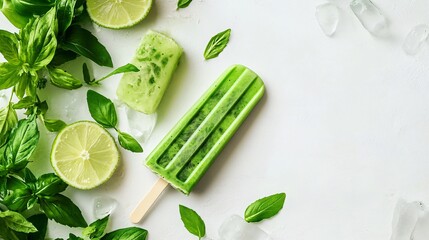 Obraz premium Refreshing Green Popsicle on White Background with Copy Space