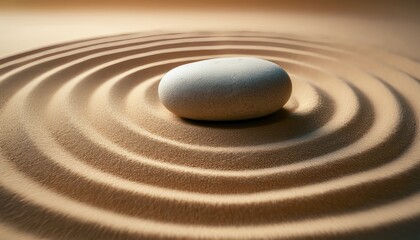 Smooth pebble placed in center of a raked sand circle
