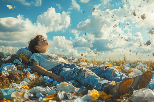 Man lays among scattered trash, an expression of despair on his face, highlighting issues of pollution and environmental degradation, emphasizing urgent need for action.