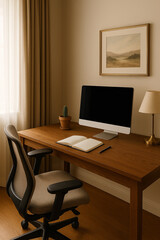 Fototapeta premium Mesa de escritório minimalista com computador, caderno e iluminação natural