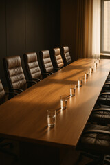 Sala de reunião vazia com mesa de madeira e cadeiras de couro iluminada pela luz do entardecer