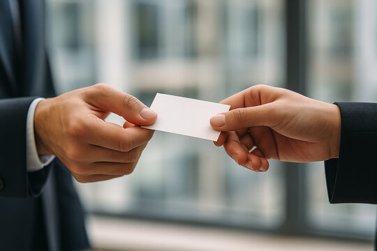 Entrega de cart&atilde;o de visita entre empres&aacute;rios em ambiente corporativo, conceito de networking