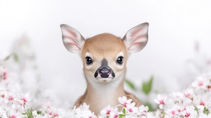 Cute fawn surrounded by flowers