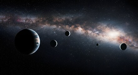 Planets and stars illuminate space with a majestic view of the Milky Way galaxy.