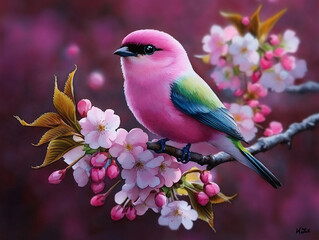 watercolor illustration of a cute little bird perched on a blooming cherry blossom branch