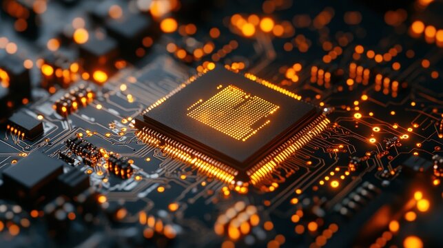 High-tech CPU on circuit board  Illuminated central processing unit