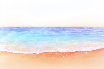 watercolor painting of a serene coastal landscape with soft blue sea and sandy beach