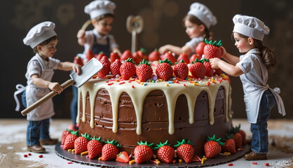 A whimsical scene of young children in chef's hats and aprons decorating a huge chocolate cake with strawberries and sprinkles.