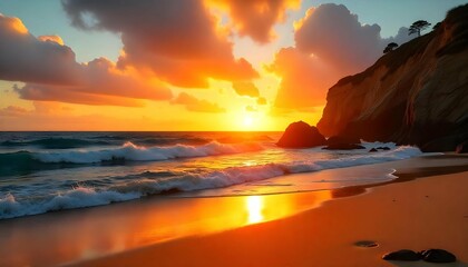 A beautiful landscape of a beach at sunset. The sky is filled with vibrant colors of orange, yellow, and blue, with the sun setting .The sun is shining brightly, creating a warm glow over the horizon.