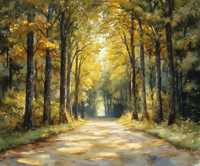 Fototapeta premium watercolor painting of a peaceful forest scene with tall trees and dappled sunlight