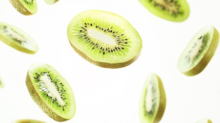 Fototapeta premium Fresh Kiwi Slices Floating on White Background for Food and Beverage Concepts