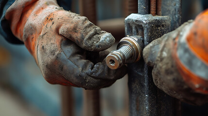 Worker's Hands in Gloves Tightening a Bolt