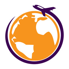 Global Travel Vector Logo Airplane Circling the Earth Symbol.
