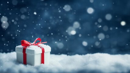Holiday gift box with bow resting in snow against blue night background—perfect for Christmas, New Year, or seasonal promotions.