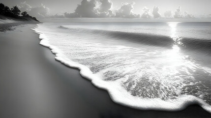 Monochromatic coastal scene gentle waves wash ashore on a sandy beach under a cloudy sky