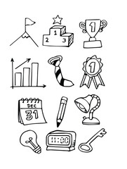 Business icons doodle set. Vector hand drawn black and white elements.	