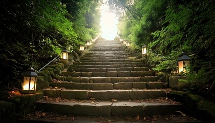 Escalones de piedra encantados con linternas brillantes y part&iacute;culas luminiscentes, fotograf&iacute;a hiperrealista,