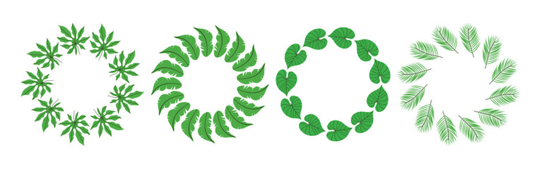Set of round frames made of tropical leaves. Simple natural leaf design. Vector decoration template for cards, wedding invitations and birthday greetings.