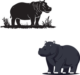 Hippo Standing on land flat black silhouette