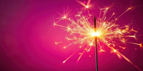 Naklejka premium A glowing sparkler bursts with vibrant light against a rich magenta backdrop, creating a festive and celebratory mood.