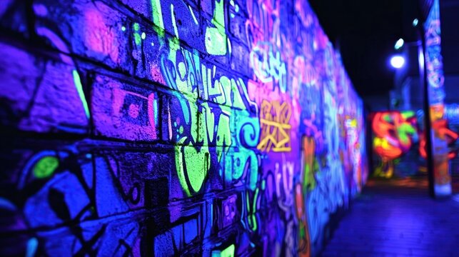 A neon graffiti wall glowing under blacklight
