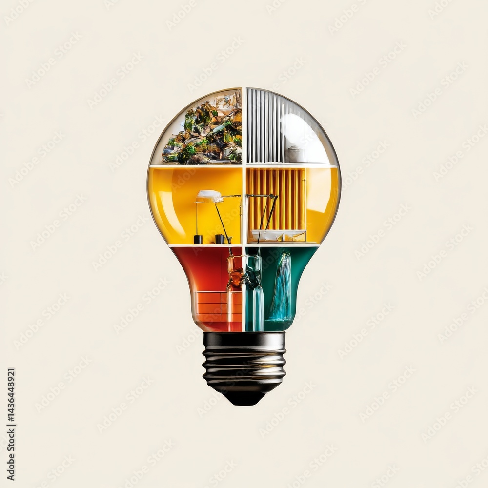 Poster creative lightbulb: conceptual illustration of diverse elements representing innovation and imaginat