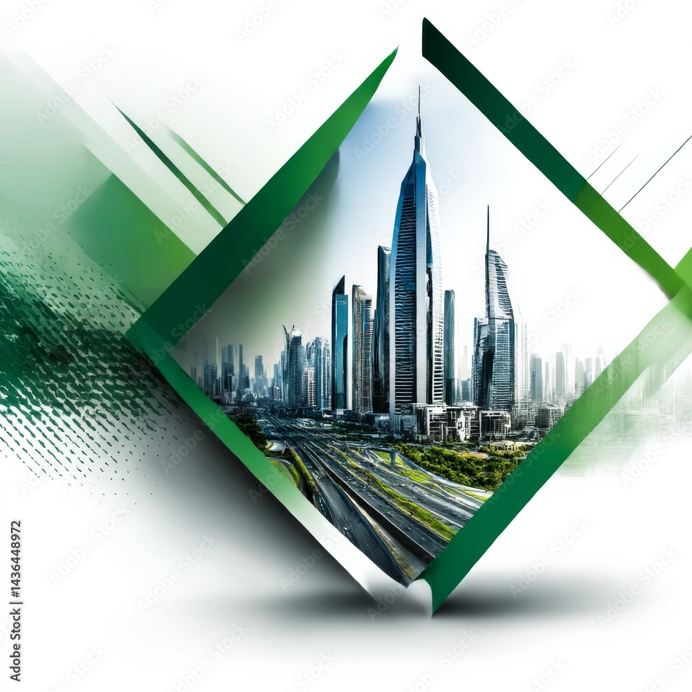 Aufkleber dynamic view: futuristic cityscape within a modern green frame, emphasizing architectural innovation