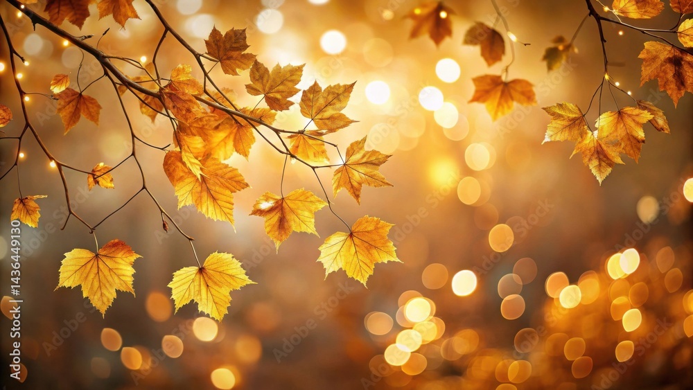 Poster golden autumn leaves glowing with warm lights on a branch against a soft bokeh background