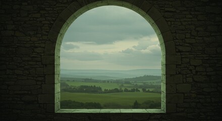 Medieval Castle Window with Green Hills