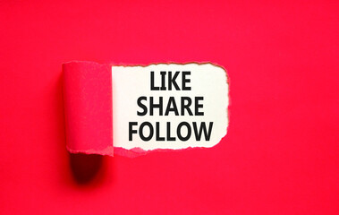 Like share follow symbol. Concept words Like Share Follow on beautiful white paper. Beautiful red...