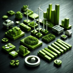 Green Energy Concept: Sustainable Cityscape with Wind Turbines, Solar Panels and Electric Car Illustration
