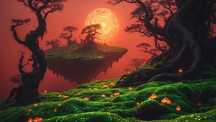 Fantasy island with glowing mushrooms and twisted trees