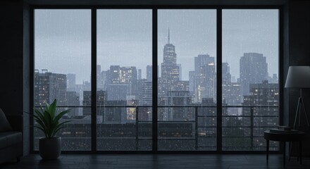 Fototapeta premium Modern Loft Window with City Rain
