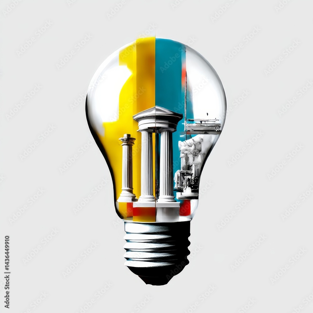 Poster ideas encapsulated: a lightbulb's reflection of architecture, travel, and creative vision with color
