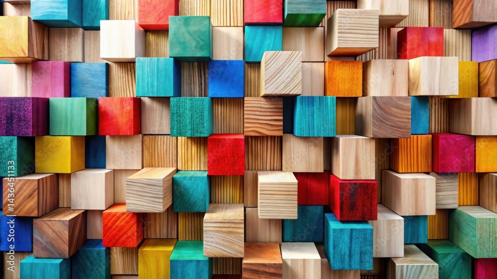 Poster abstract colorful wooden cube wall art design featuring a multitude of vibrant hues and natural wood