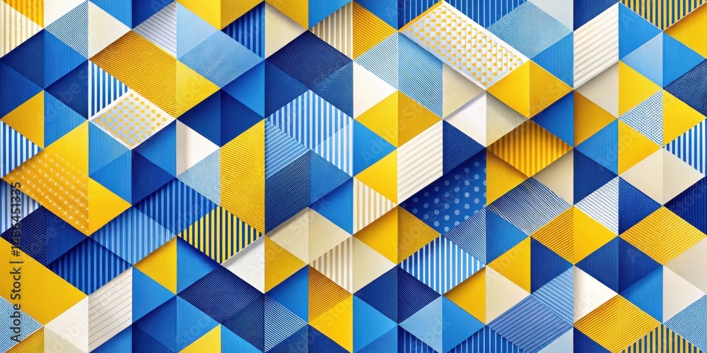 Poster Abstract Geometric Pattern of Interlocking Triangles in Vibrant Yellow and Blue Hues with Varied Textures and Stripe Designs