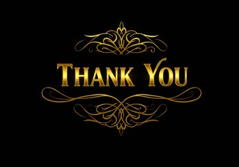 Golden thank you text with ornate flourish on black background for appreciation and gratitude message or greeting card concept.