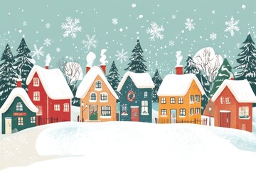 Fototapeta premium Winter wonderland illustration of a cozy Christmas village, featuring adorable European houses and festive cheer