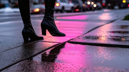 Fototapeta premium Stylish Woman in Black Heels Walking on Rainy Street with Colorful Reflections at Night