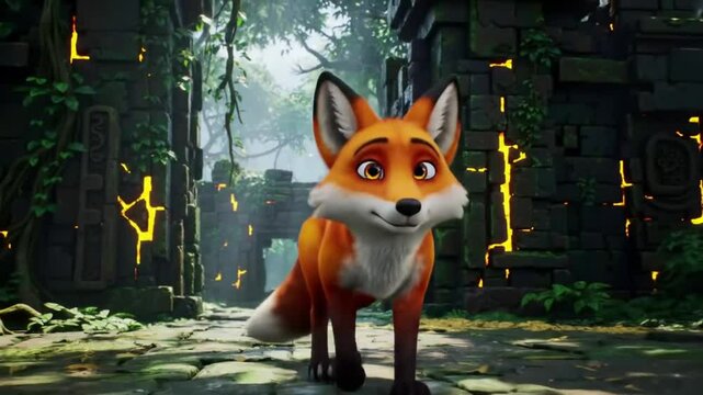 Walking Cartoon Fox in Ancient Jungle Ruins Adventure Animation