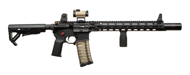Modern tactical rifle with scope, vertical grip, and suppressor, isolated on transparent background.