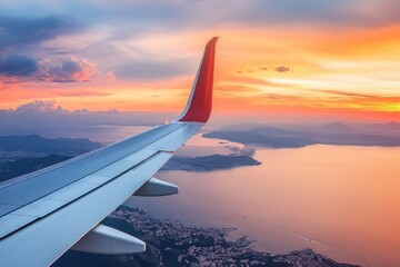 Obraz premium Soaring above the earth with an airplane wing framing the beauty of nature below