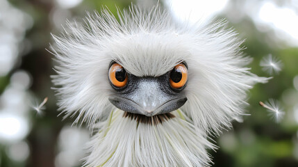 Naklejka premium Close-up of a white fluffy bird with intense orange eyes set against a blurred green background Dandelion seeds floa
